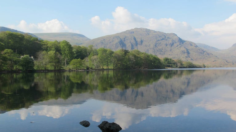 A Lake District Fell reflected in still lake waters, with a row of green trees between the mountain and the lake